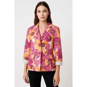 Joan Rivers Women's 8 Floral Blazer Jacket Pink Orange Cotton Blend Polka Cuffs